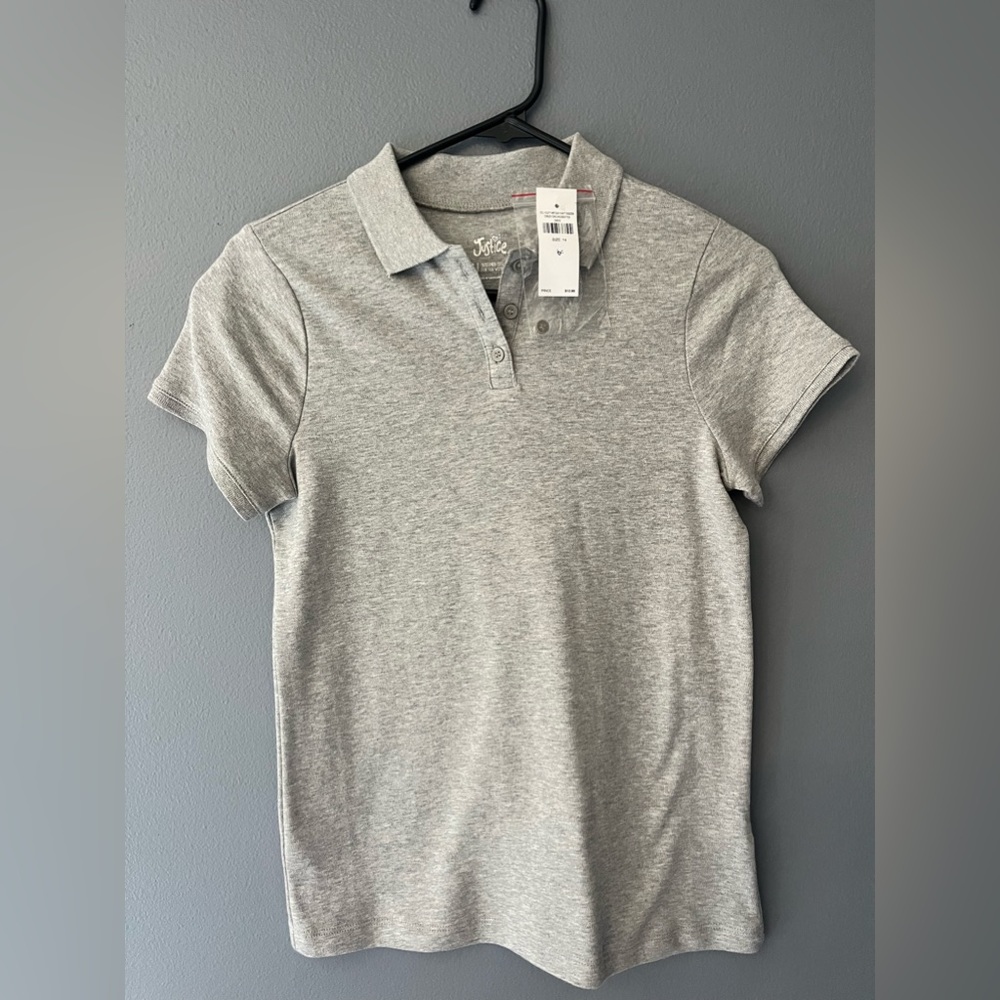 NWT Justice girls heathered gray school uniform shirt. Size 14